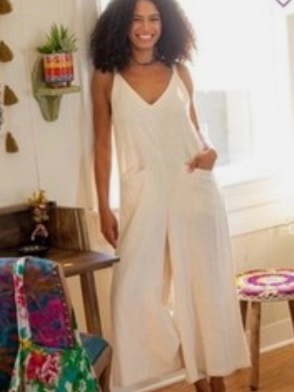 NWT Natural Life Cream V-Neck Wide-Leg Adjustable Strap Chelsea Jumpsuit